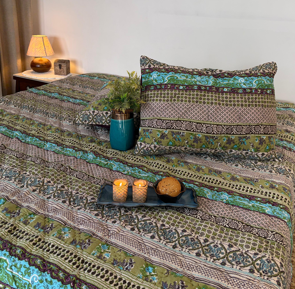 Mayura Neelbagh Patchwork Cotton Bedspread (2 rectangular cushions)